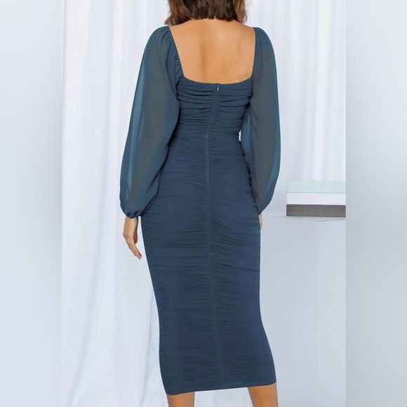 ZESICA Women's Puff Sleeve Square Neck Ruched Bodycon Midi Dress- Size S- BNWT - Picture 3 of 8